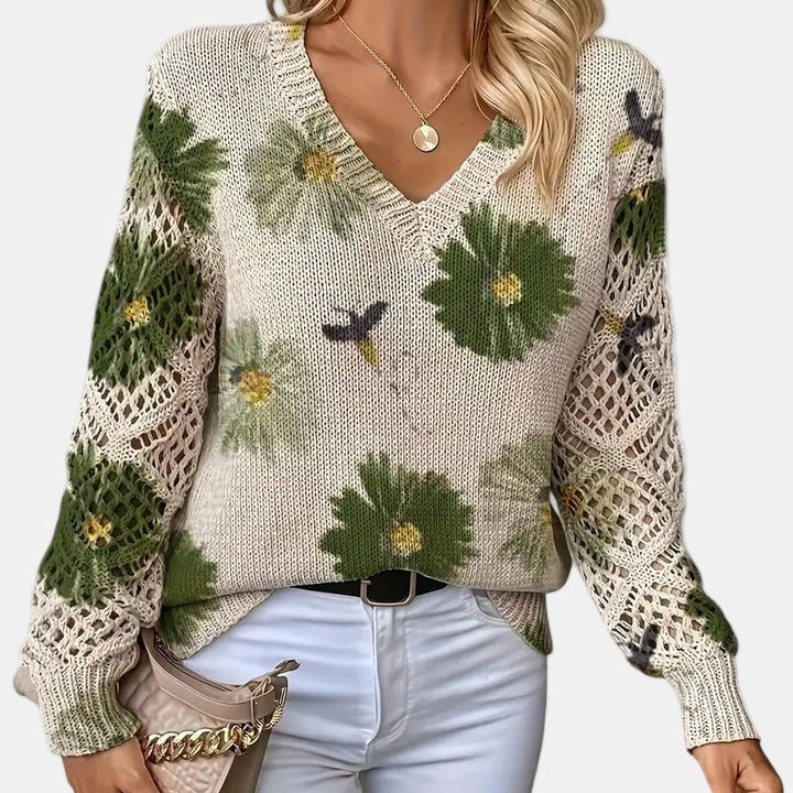 Green Floral V-Neck Pullover front view