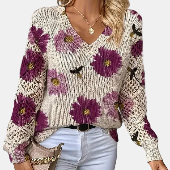 Purple Floral V-Neck Pullover front view