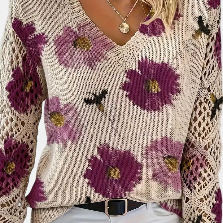 Purple Floral V-Neck Pullover knit detail