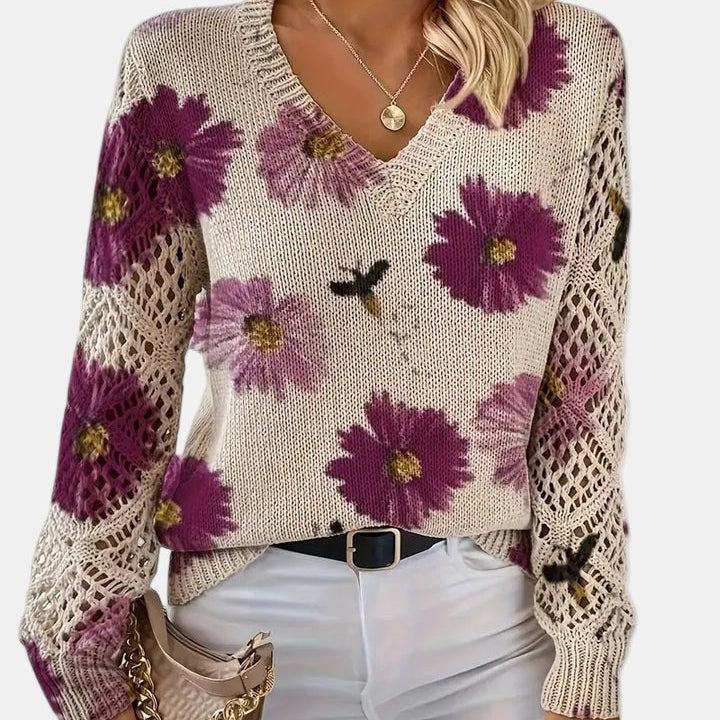 Purple Floral V-Neck Pullover front view