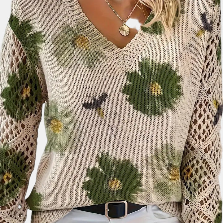 Green Floral V-Neck Pullover knit detail