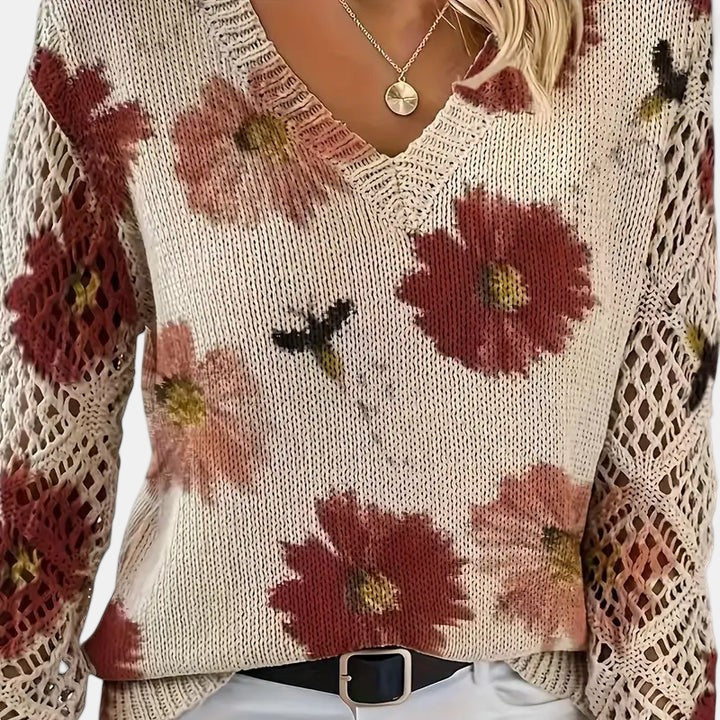 Red Floral V-Neck Pullover knit detail