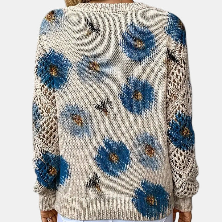 Blue Floral V-Neck Sweater back view
