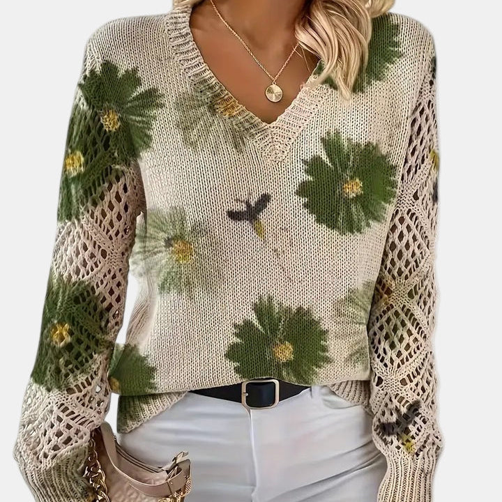 Green Floral V-Neck Sweater front view