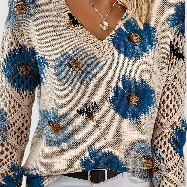 Blue Floral V-Neck Sweater knit detail