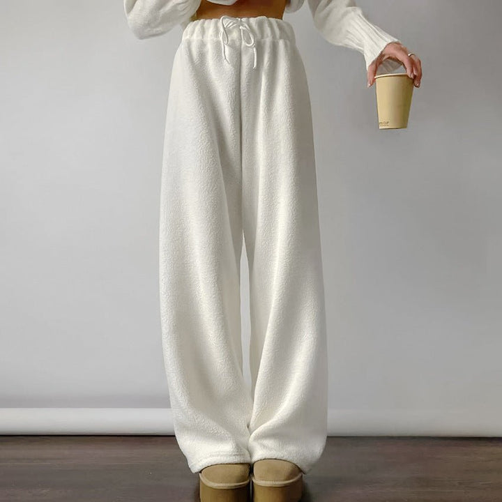 White Flowy Wide-Leg Fleece Pants front view
