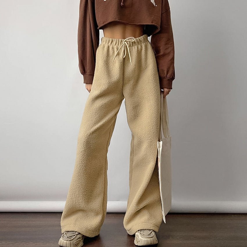 Khaki Flowy Wide-Leg Fleece Pants front view