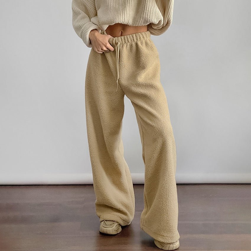 Khaki Flowy Wide-Leg Fleece Pants front view hand in pocket