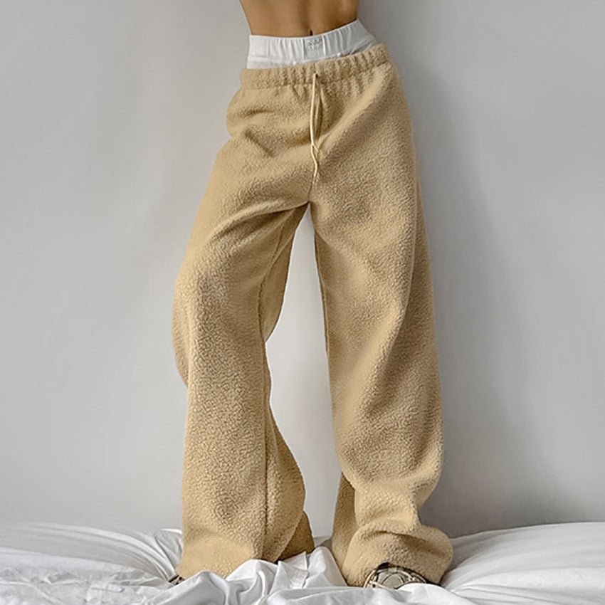 Khaki Flowy Wide-Leg Fleece Pants worn lifestyle