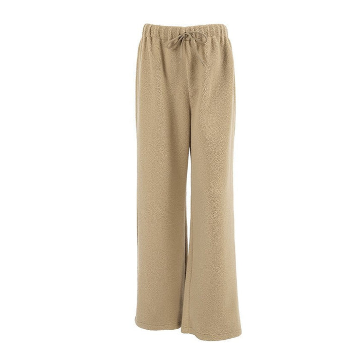 Khaki Flowy Wide-Leg Fleece Pants flat lay front