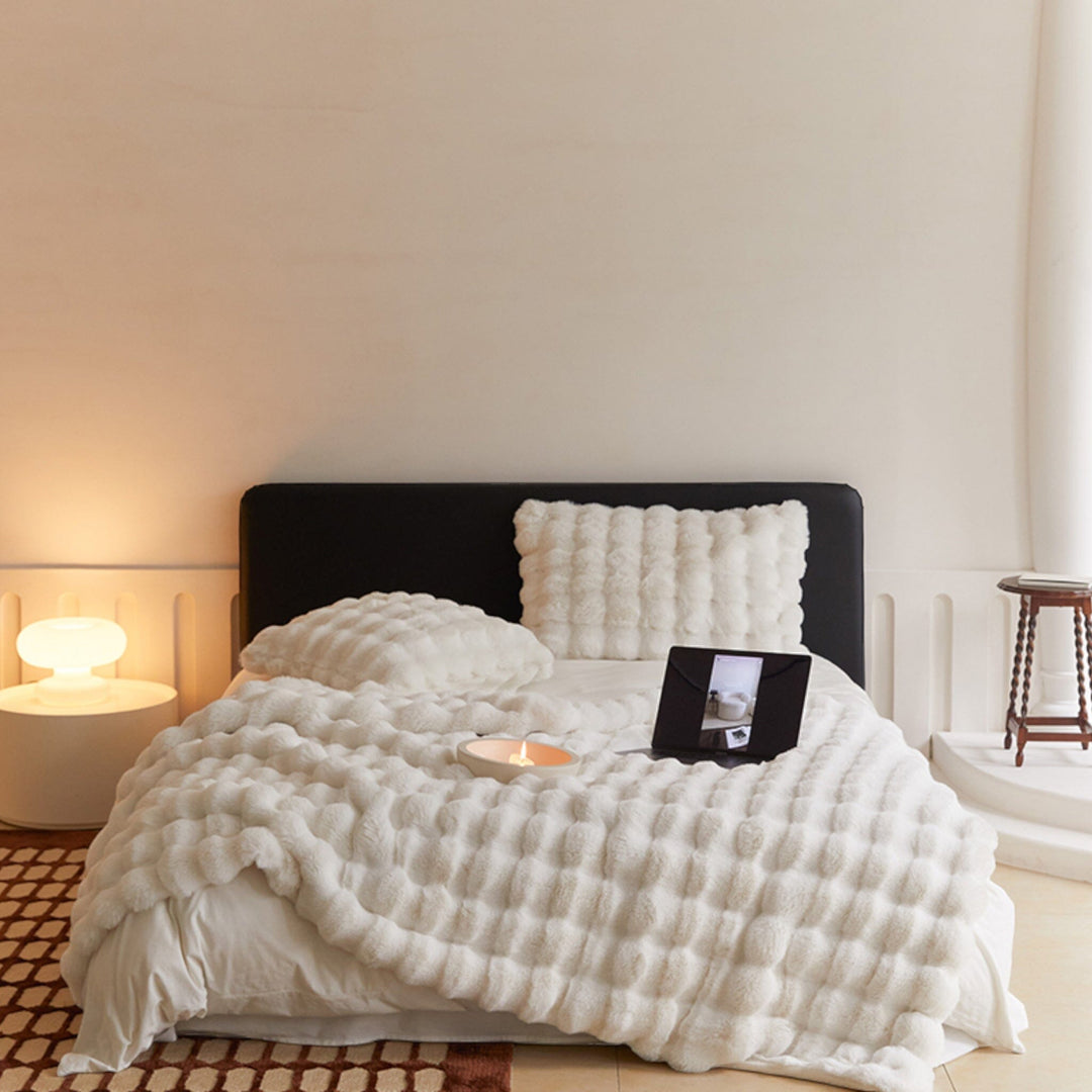 Off White Fluffy Glam Faux Fur Blanket front view