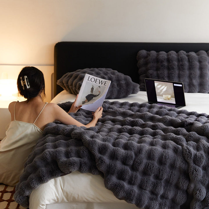 Charcoal Fluffy Glam Faux Fur Blanket front view