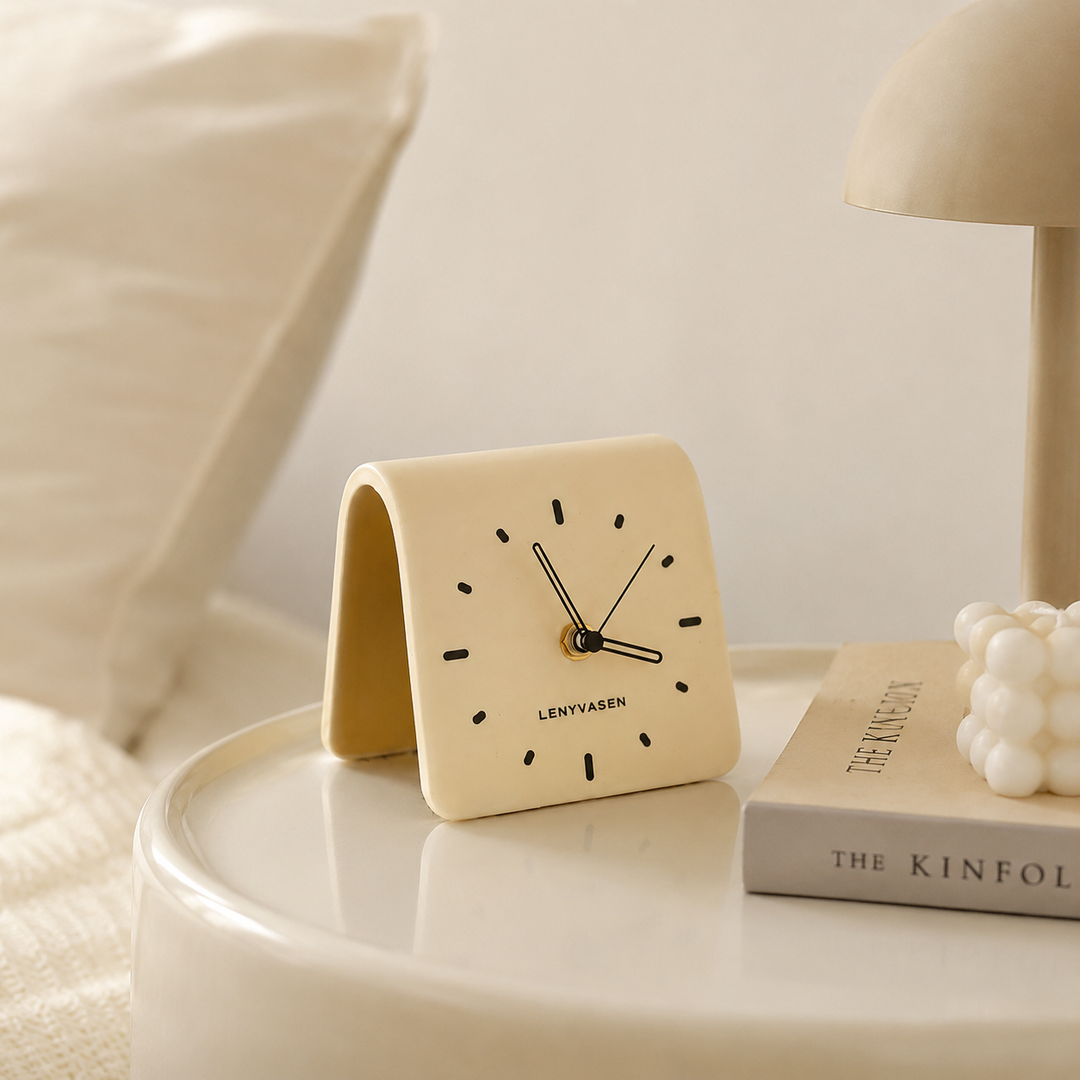 Cream Folded Ceramic Desk Clock on tray lifestyle