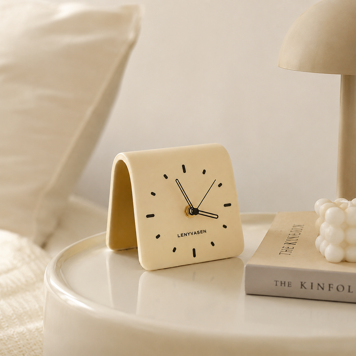 Cream Folded Ceramic Desk Clock on tray lifestyle