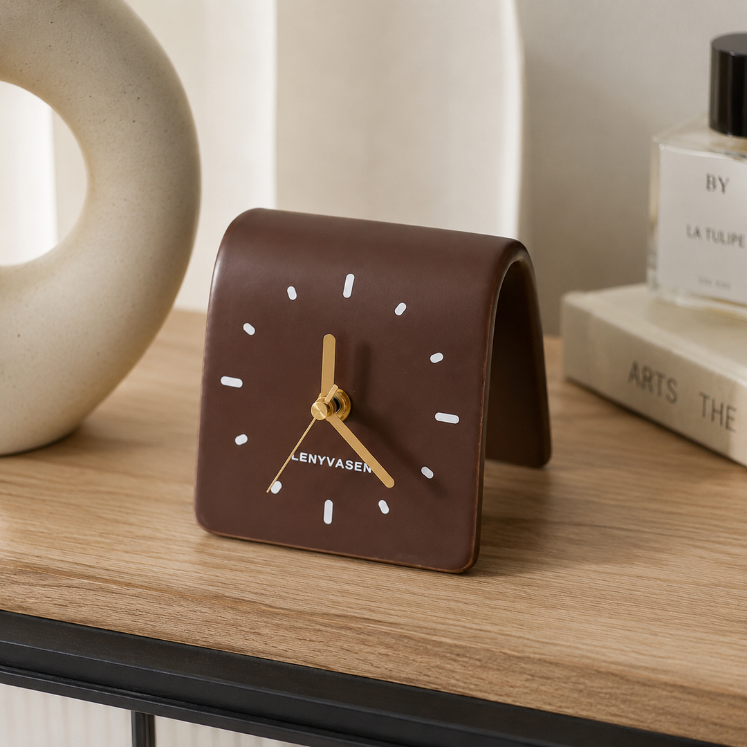 Matte Brown Folded Ceramic Desk Clock front view