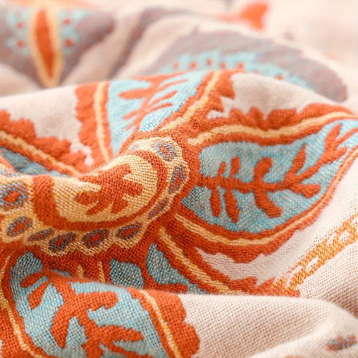 Fringed Cream Floral Cotton Throw floral pattern close-up