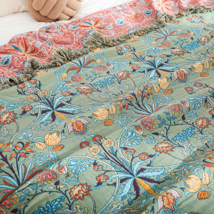 Fringed Floral Cotton Bedspread Throw jacquard floral detail