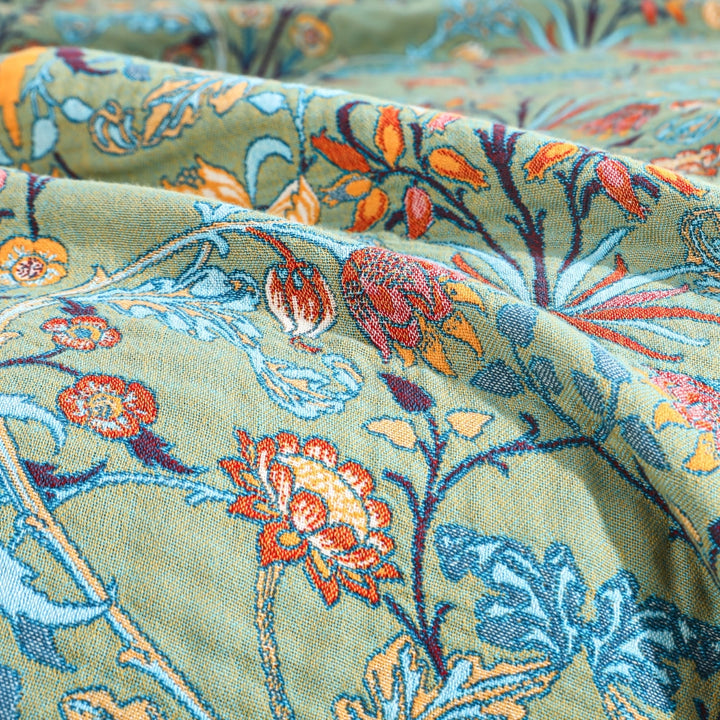 Fringed Floral Cotton Bedspread Throw close-up of the sage jacquard weave