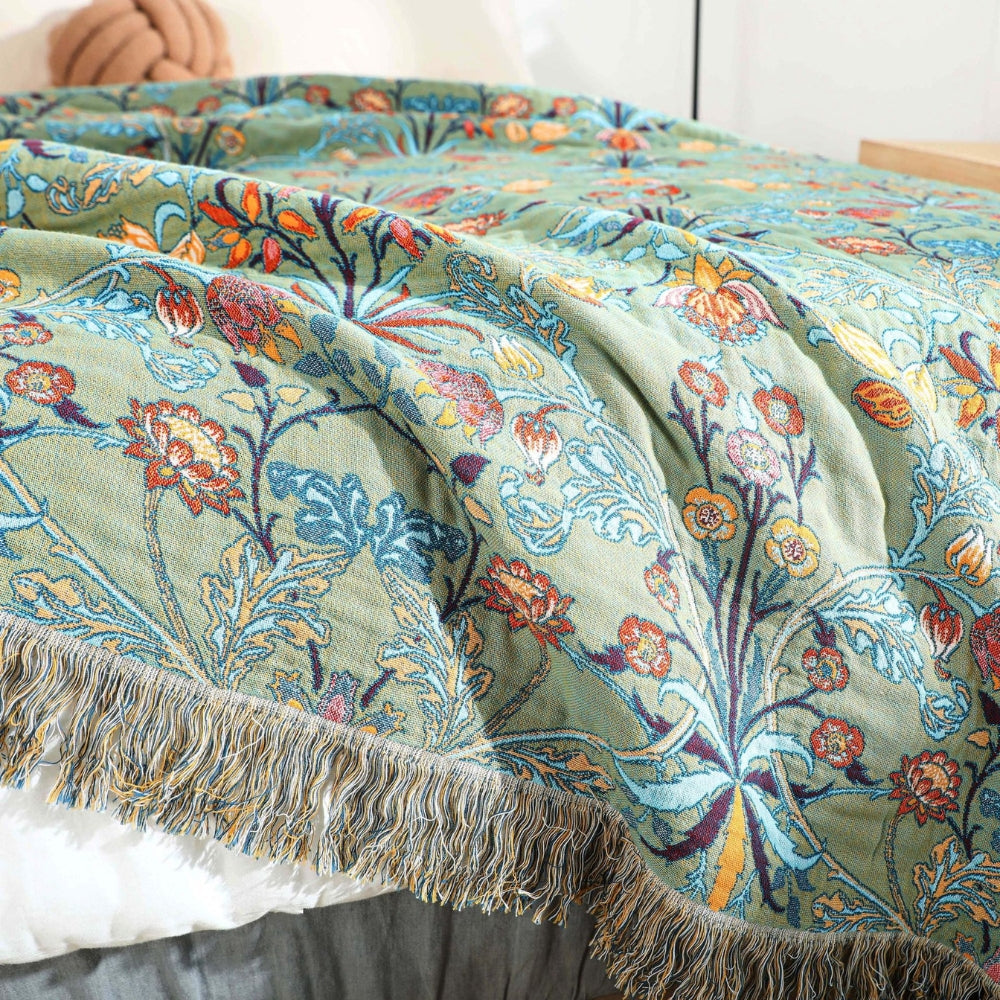 Fringed Floral Cotton Bedspread Throw fringed edge detail