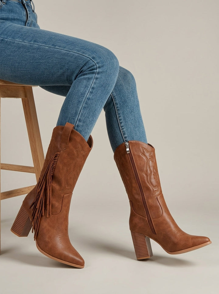 Fringed Western Mid-Calf Boots worn seated