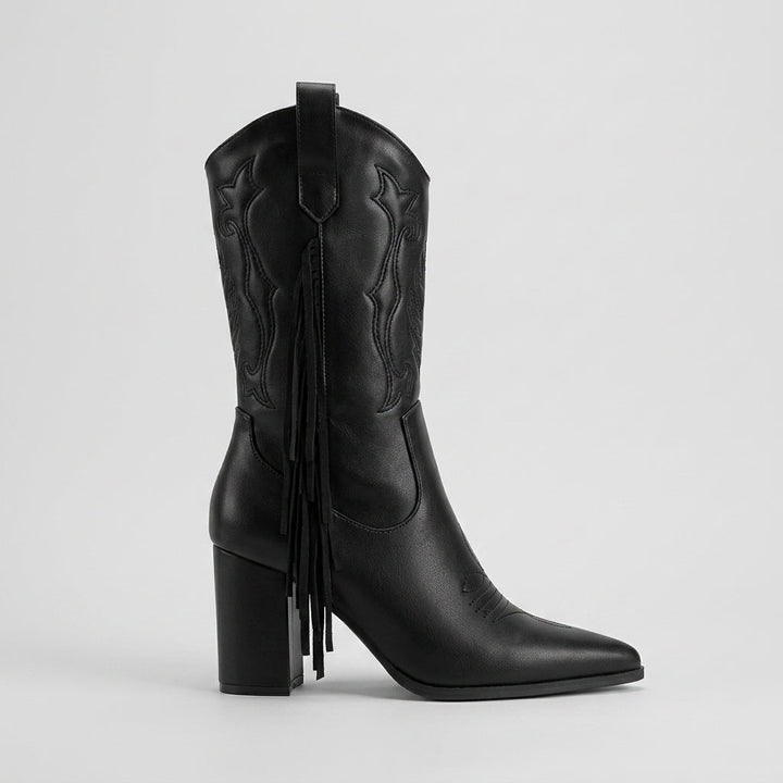 Fringed Western Mid-Calf Boots layered fringe detail