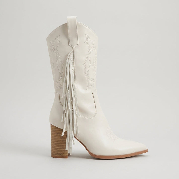 Fringed Western Mid-Calf Boots block heel detail