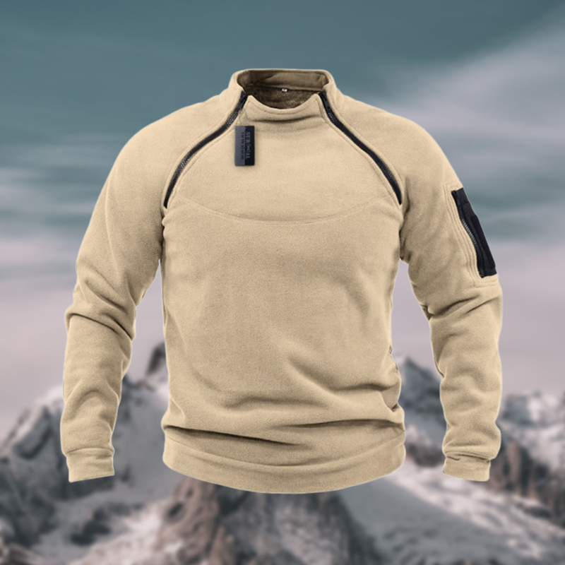 Beige Funnel-Neck Quarter Zip Sweater front view