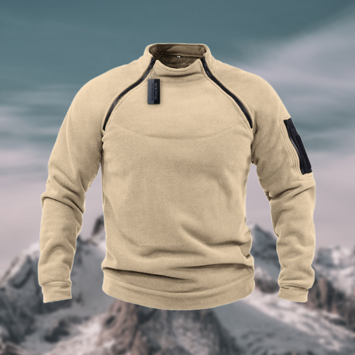Beige Funnel-Neck Quarter Zip Sweater front view
