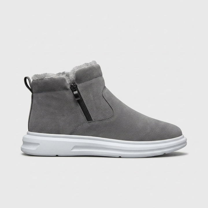 Grey fur-lined ankle boot side view with side zip