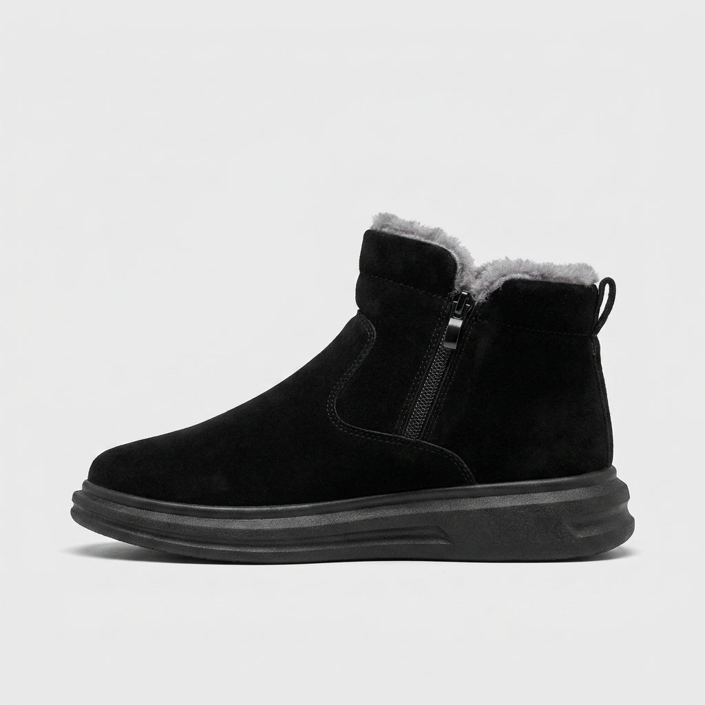 Black fur-lined ankle boot side view