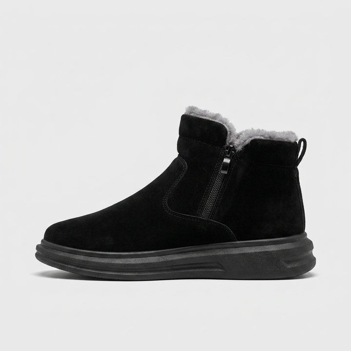 Black fur-lined ankle boot side view