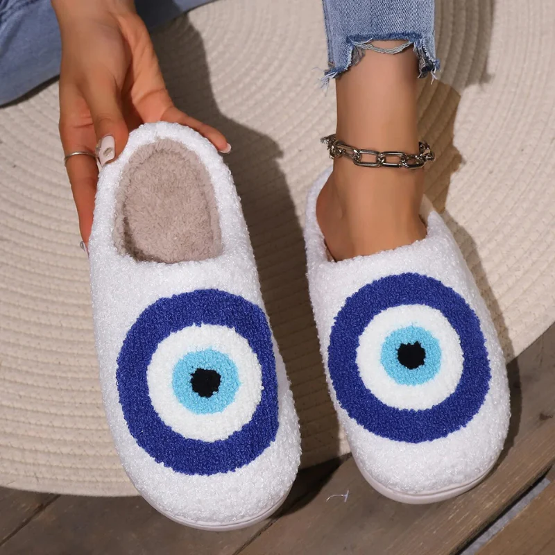 White Fuzzy Evil Eye Slide Slippers top view lifestyle