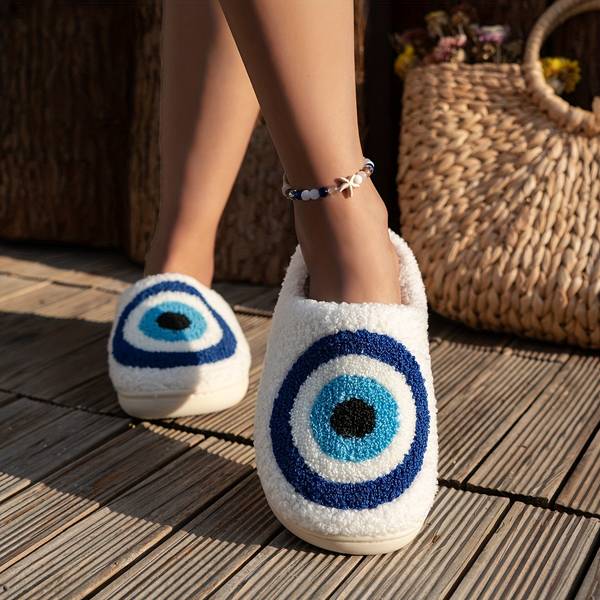 White Fuzzy Evil Eye Slide Slippers worn side view