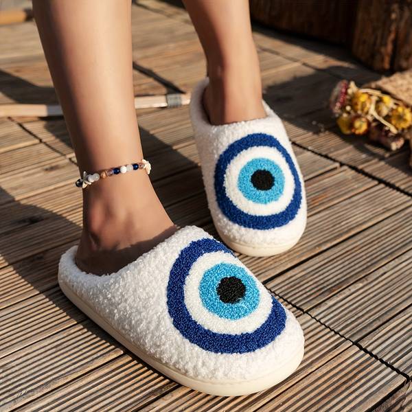 White Fuzzy Evil Eye Slide Slippers lifestyle