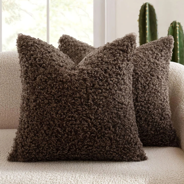 Brown Fuzzy Faux Fur Pillow Cover front view