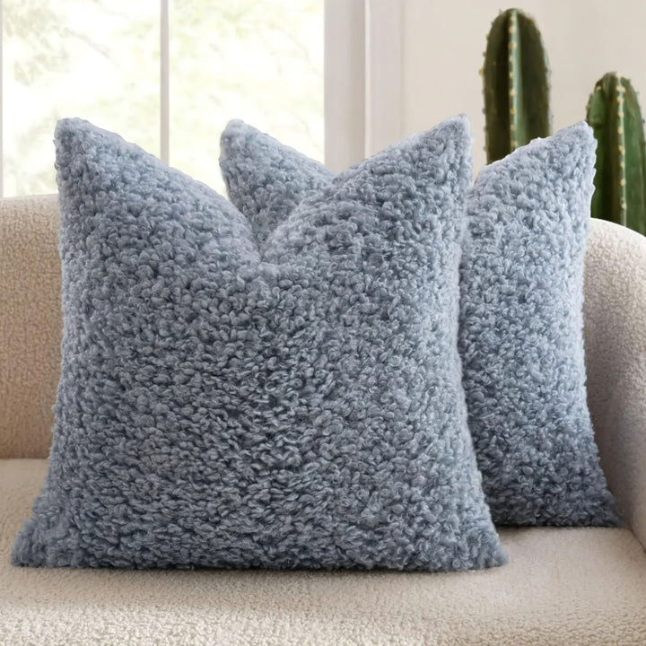 Blue Fuzzy Faux Fur Pillow Cover front view