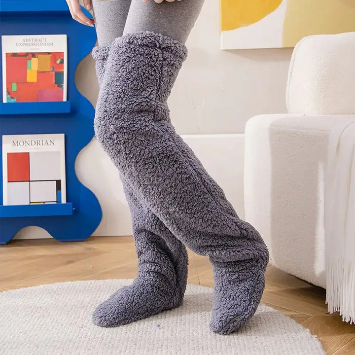 Gray Fuzzy Teddy Fleece Over-the-Knee Socks worn side view