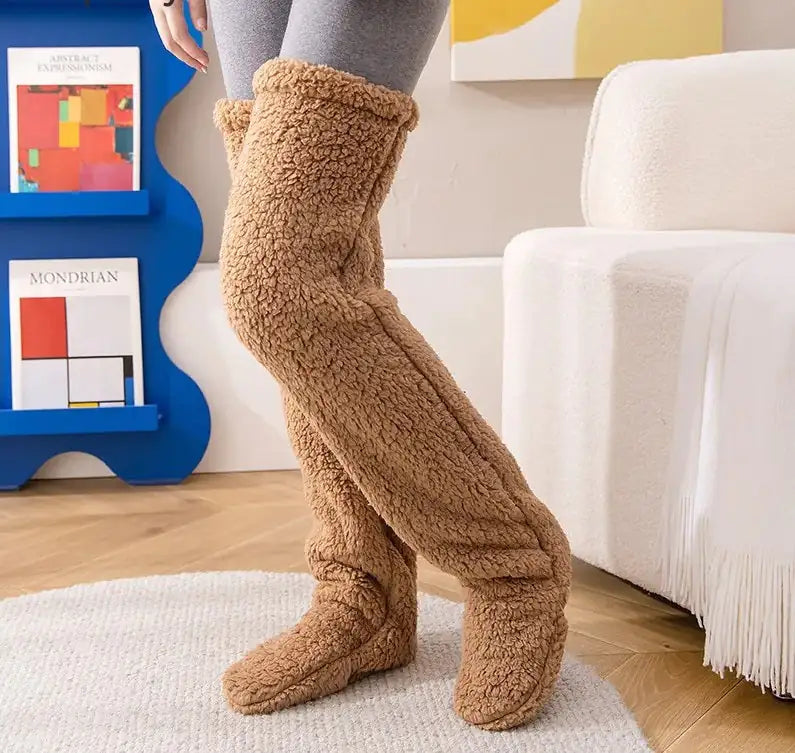 Brown Fuzzy Teddy Fleece Over-the-Knee Socks worn side view
