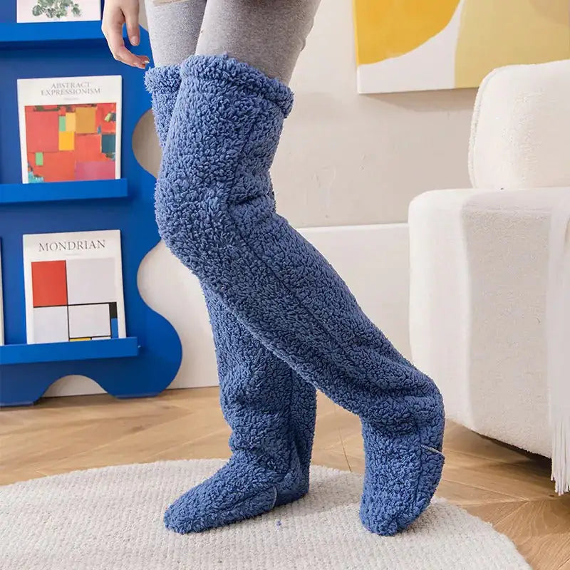Blue Fuzzy Teddy Fleece Over-the-Knee Socks worn side view
