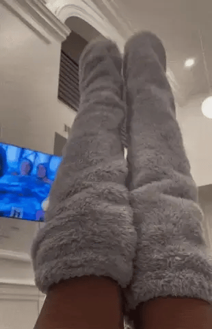 Gray Fuzzy Teddy Fleece Over-the-Knee Socks worn at home lifestyle
