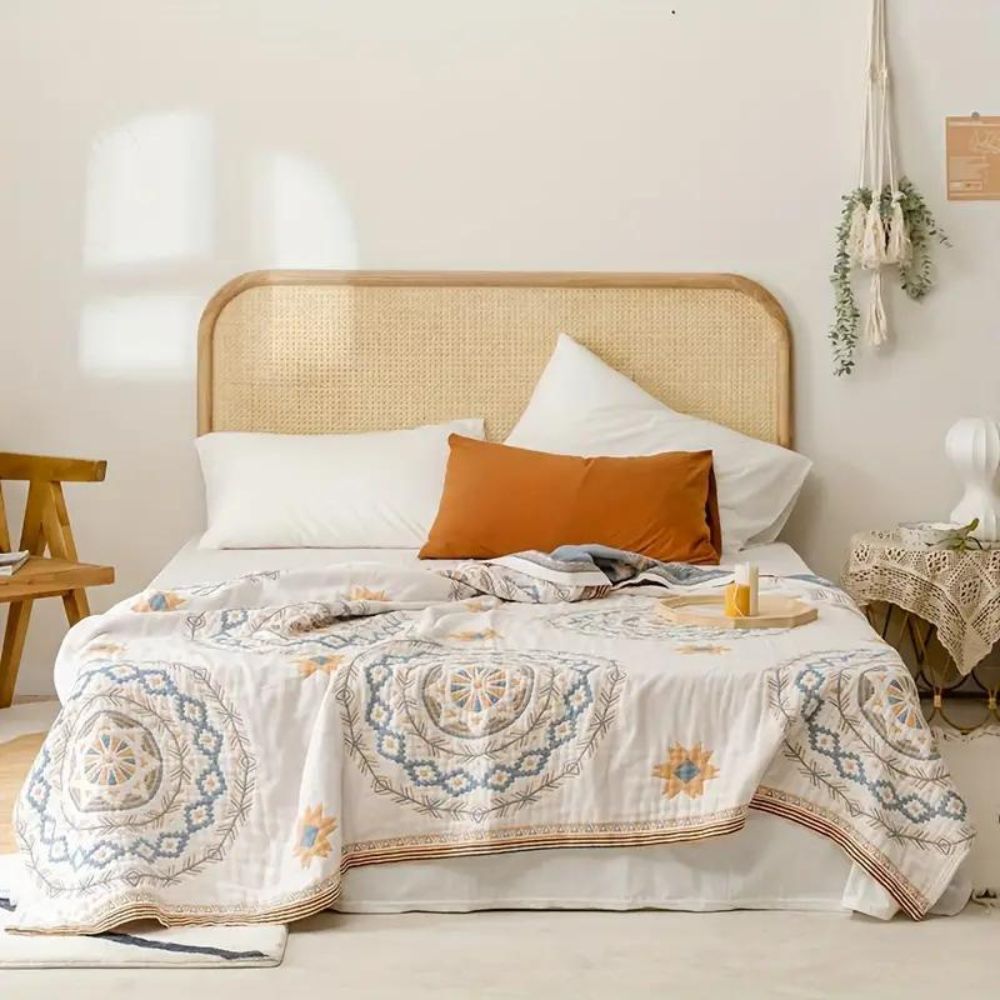 Ivory geometric medallion cotton throw blanket, full view