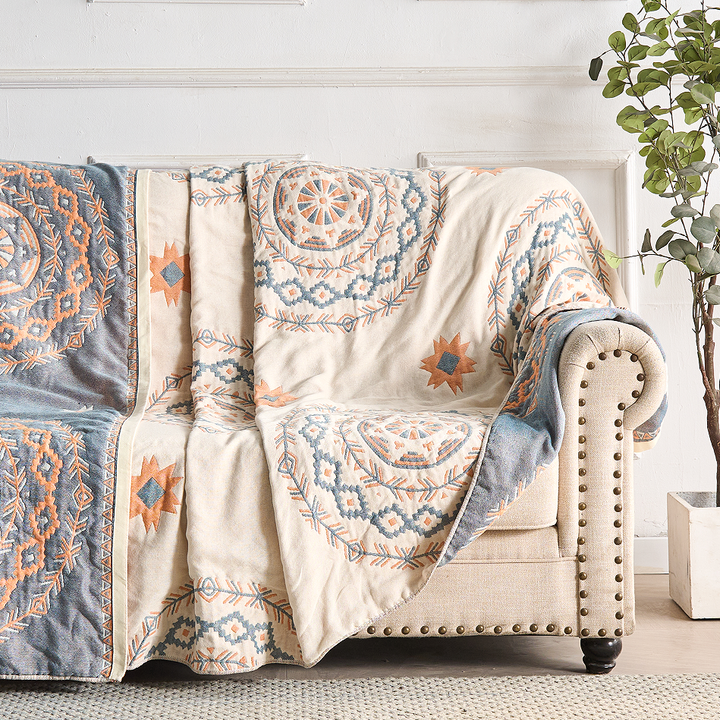 Ivory geometric medallion cotton throw blanket size options