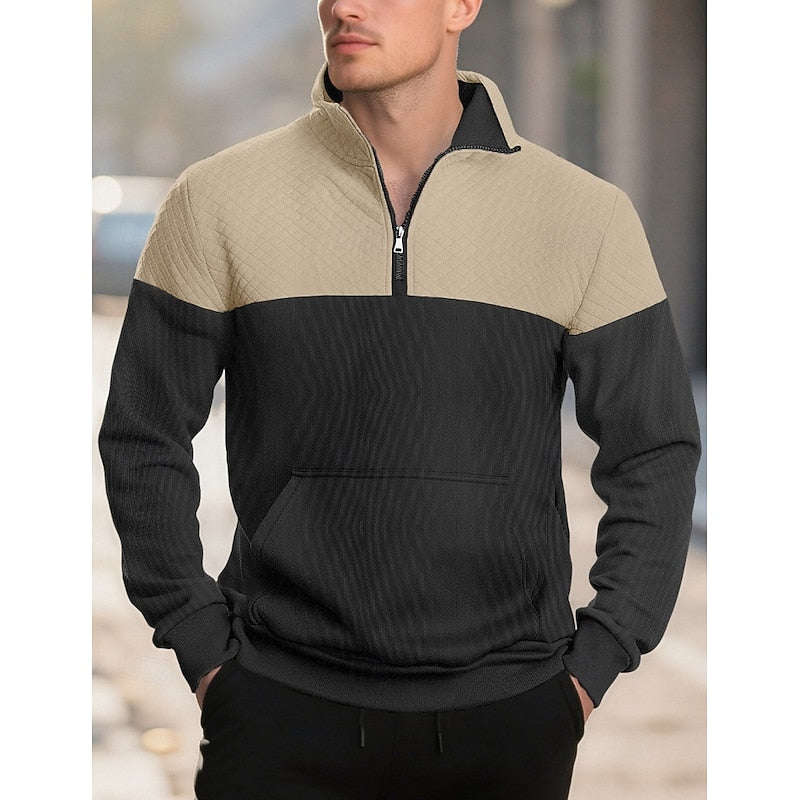 Quilted-Yoke Quarter-Zip Sweatshirt with Kangaroo Pocket