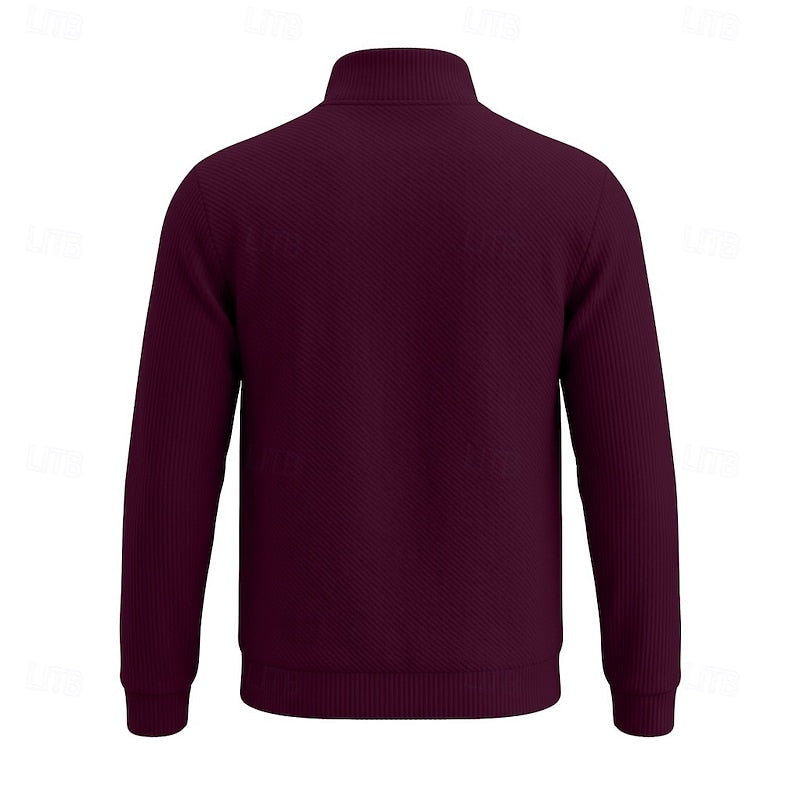 Diagonal Rib Quarter-Zip Sweater with Stand Collar