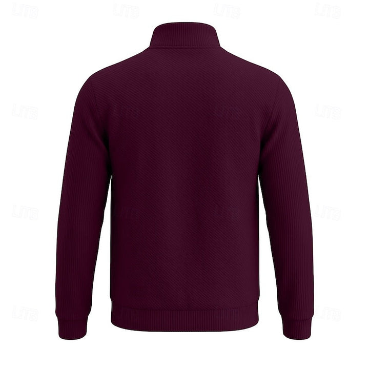 Diagonal Rib Quarter-Zip Sweater with Stand Collar