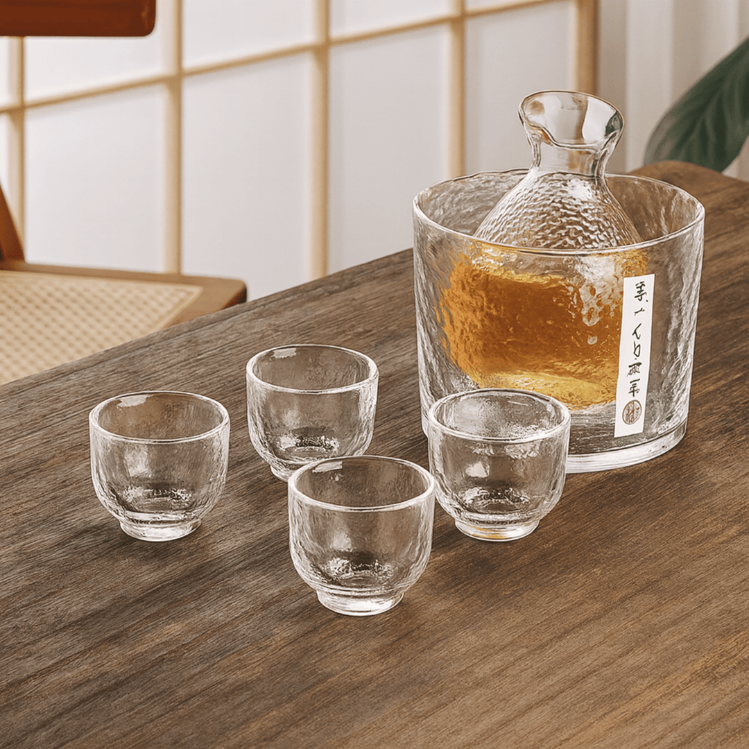 Clear Glass Sake Set with Ice Bucket on wooden table lifestyle