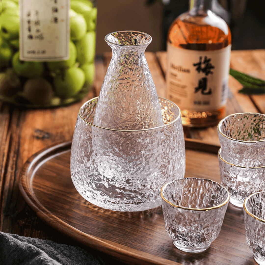 Clear Glass Sake Set with Ice Bucket close-up on tray