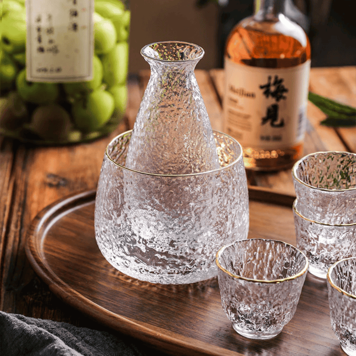Clear Glass Sake Set with Ice Bucket close-up on tray