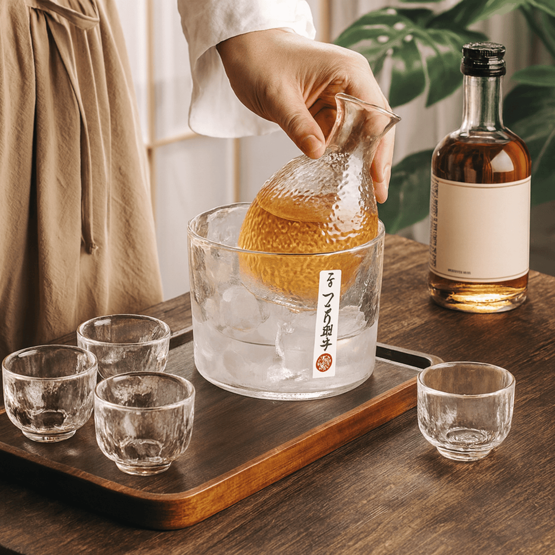 Clear Glass Sake Set carafe placed in ice bucket