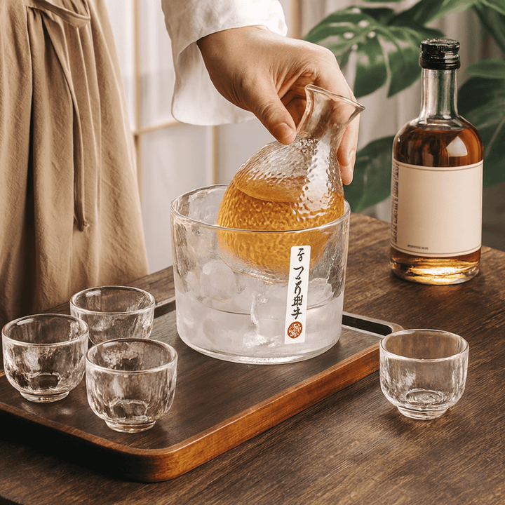 Clear Glass Sake Set carafe placed in ice bucket